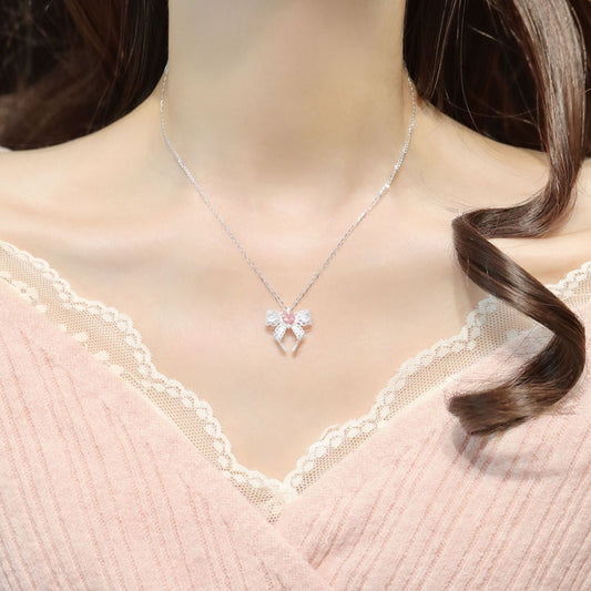925 Sterling Silver Pink Crystal Bow Necklace – Lace Rosé Bow