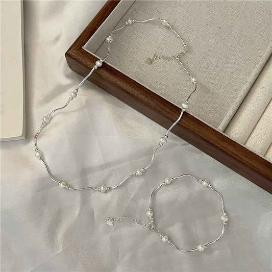 S925 Sterling Silver Waves & Pearls Jewelry Set Necklace Bracelet Freshwater Pearl