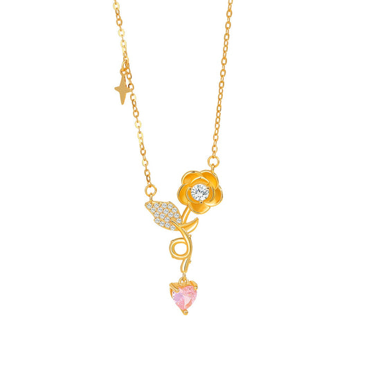 Blooming Rose S925 Sterling Silver Rose Pendant Necklace with Zircon