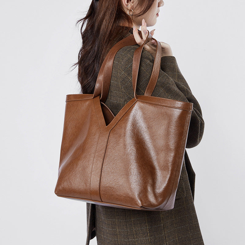 Women's Genuine Leather Open Top Vertical Tote Bag