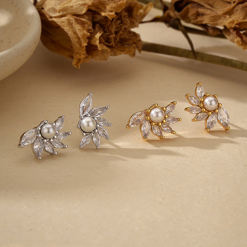 “Pearl Bloom” S925 Sterling Silver Zircon Shell Pearl Flower Stud Earrings
