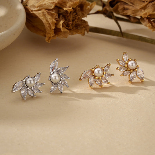 “Pearl Bloom” S925 Sterling Silver Zircon Shell Pearl Flower Stud Earrings