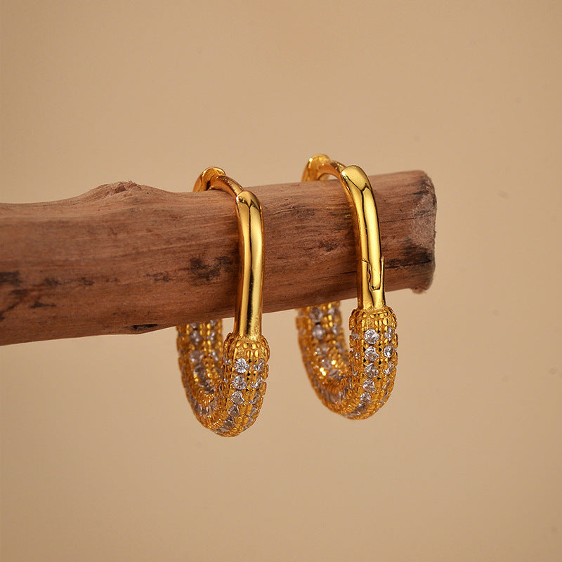 “Double-Sided Radiance” S925 Sterling Silver U-Shaped Zircon Huggie Hoop Earrings