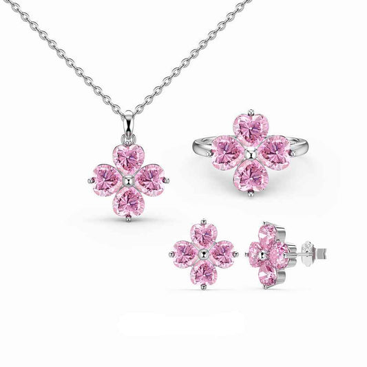 925 Sterling Silver Sakura Heart Pink Zircon Jewelry Set Necklace Ring Earrings