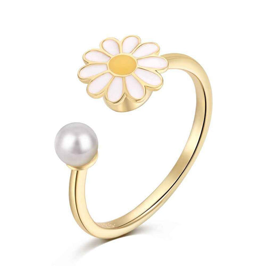 Daisy Glow Flower Pearl Adjustable Open Ring 925 Sterling Silver