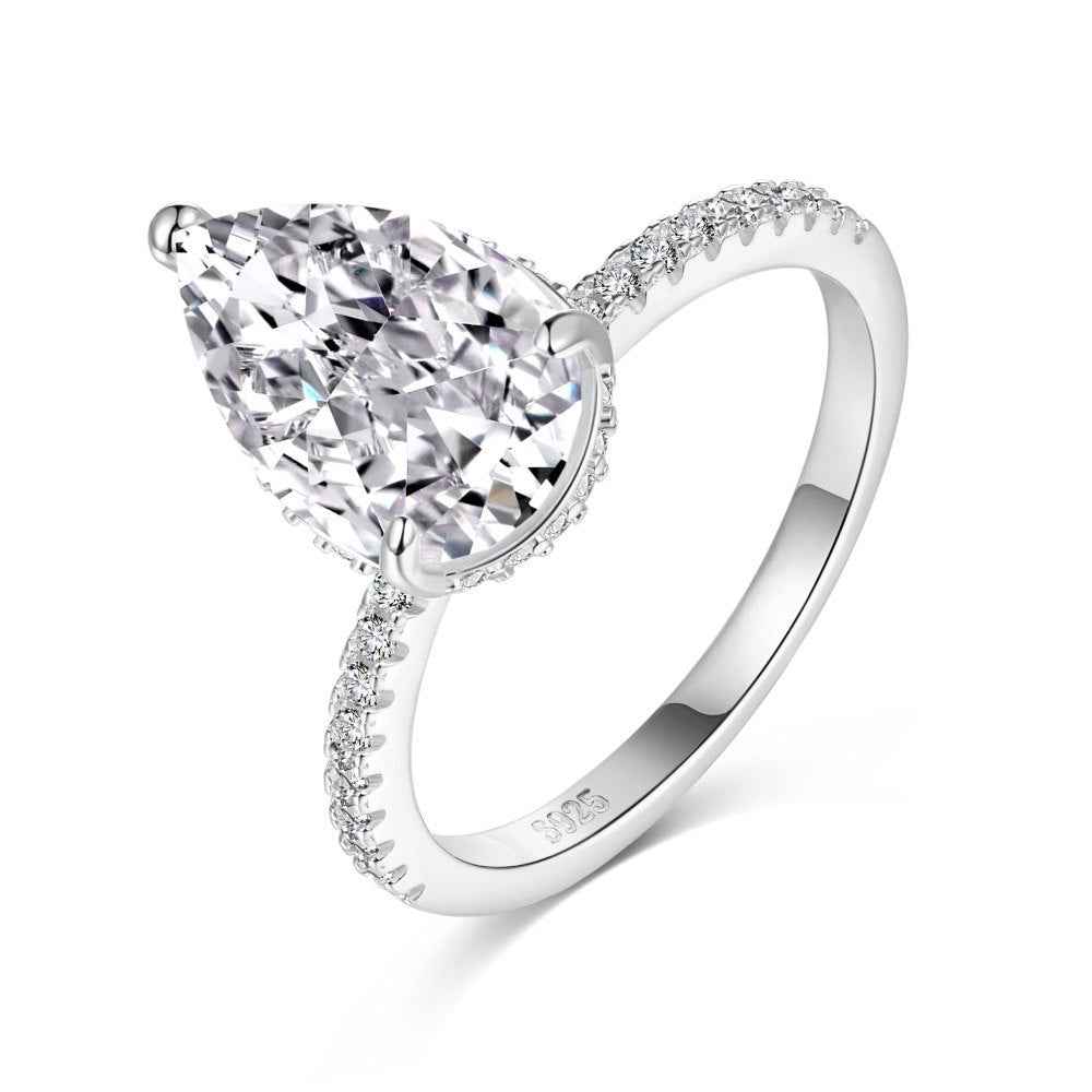 925 Sterling Silver Frosted Tear Ice-Cut Pear Zircon Ring 8x12mm
