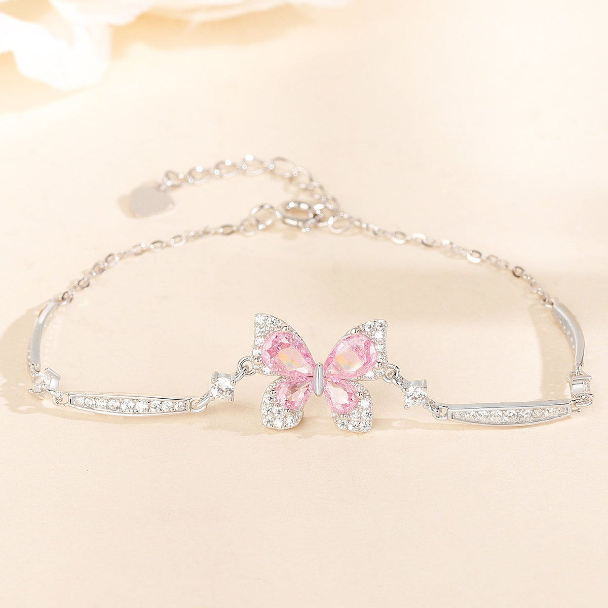 Pink Flutter Butterfly Bracelet, S925 Sterling Silver Pink Stone Jewelry