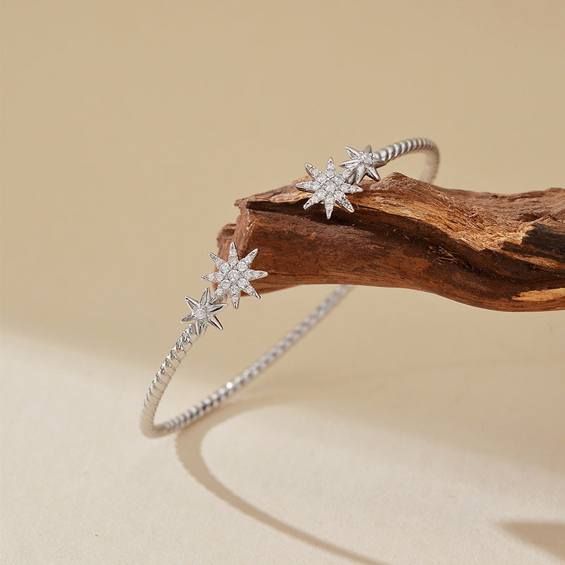 “Starlight Twist” S925 Sterling Silver Eight-Point Star Zircon Cuff Bracelet