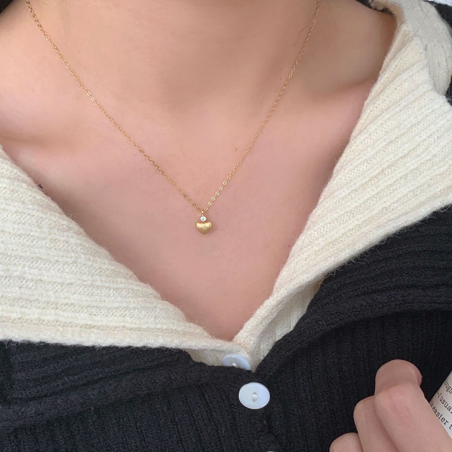 S925 Sterling Silver Brushed Heart Necklace Matte Heart CZ Pendant Gold Silver