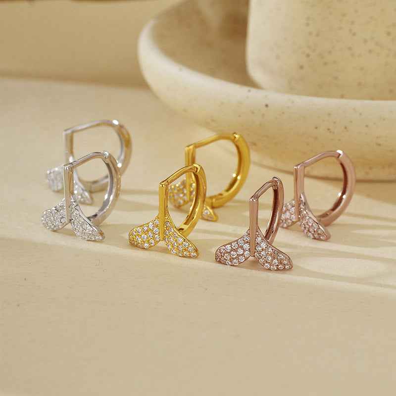 925 Sterling Silver Mermaid Tail Pavé Zircon Whale Tail Earrings Gold White Rose Gold