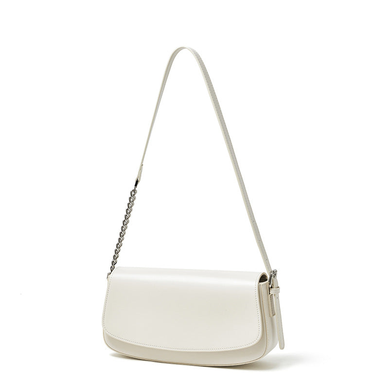 Women's Soft Cowhide Baguette Saddle Bag with Chain Strap