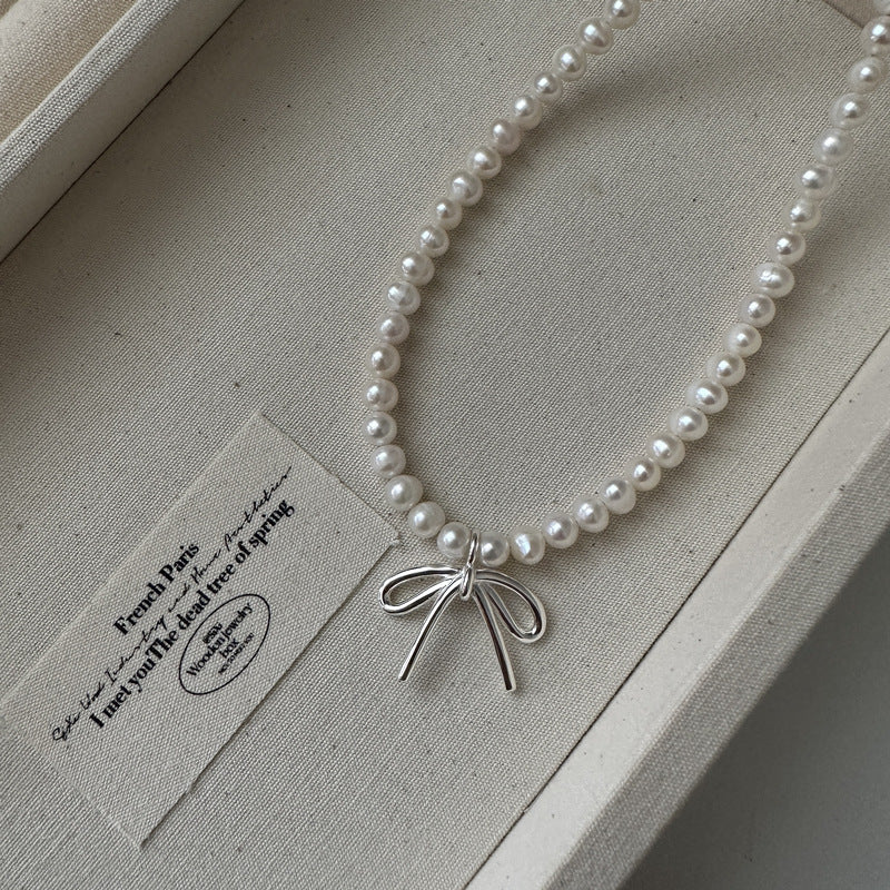 S925 Sterling Silver Bow Elegance Jewelry Set Necklace Earrings Ring Pearl Bow