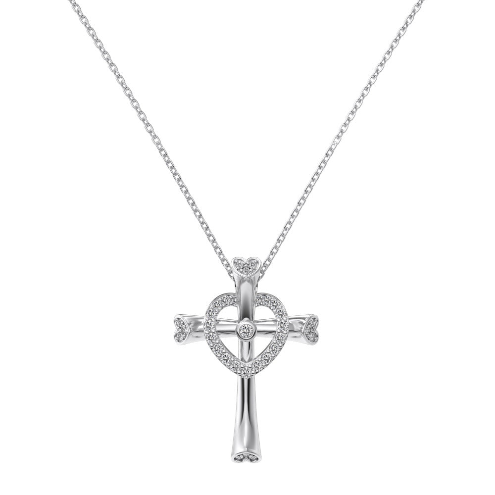 S925 Sterling Silver Divine Heart Dual Pendant Necklace Cross Heart Layered Jewelry