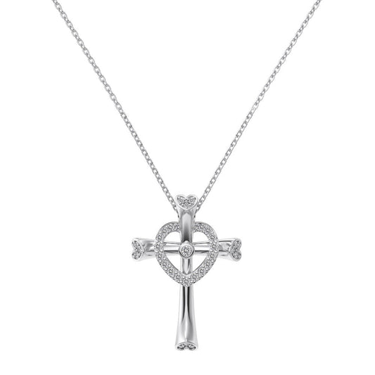 S925 Sterling Silver Divine Heart Dual Pendant Necklace Cross Heart Layered Jewelry