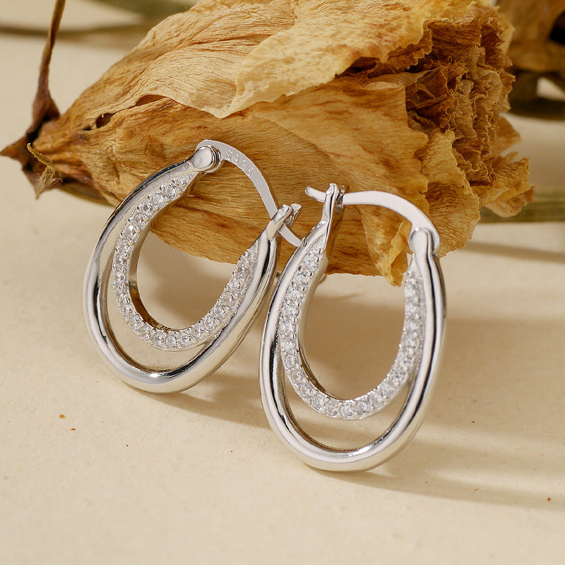 Modern Double Arc Pavé Huggie Earrings Sterling Silver Sculpted Hoop Design