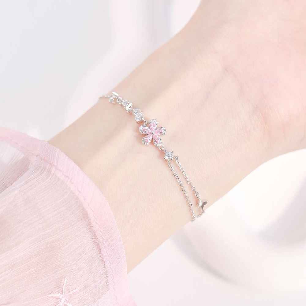 Blush Sakura Pink Blossom Jewelry Set S925 Sterling Silver Necklace Bracelet