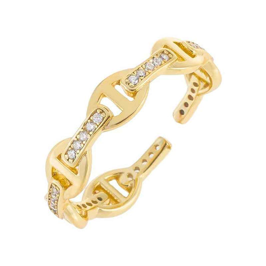 925 Sterling Silver Golden Link Pavé Chain Ring 18K Gold Plated
