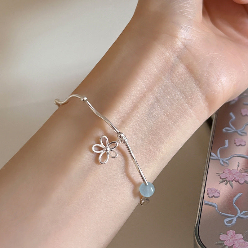 Azure Bloom Aquamarine Flower Bracelet, S925 Sterling Silver Blue Stone Jewelry
