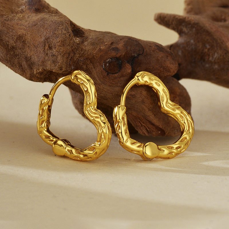 “Textured Heart” S925 Sterling Silver Irregular Heart Hoop Earrings