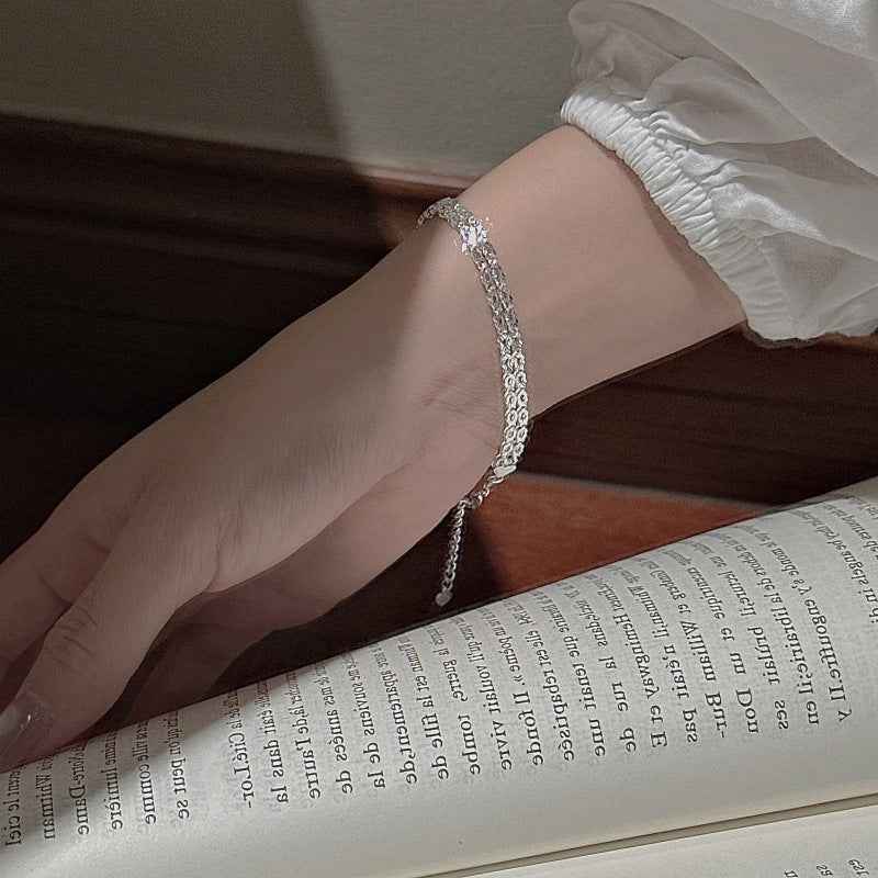 S999 Sterling Silver Lace Geometry Double Strand Bracelet Geometric Diamond Chain