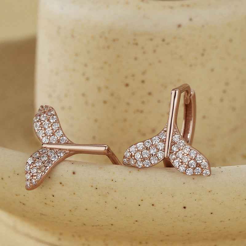 925 Sterling Silver Mermaid Tail Pavé Zircon Whale Tail Earrings Gold White Rose Gold