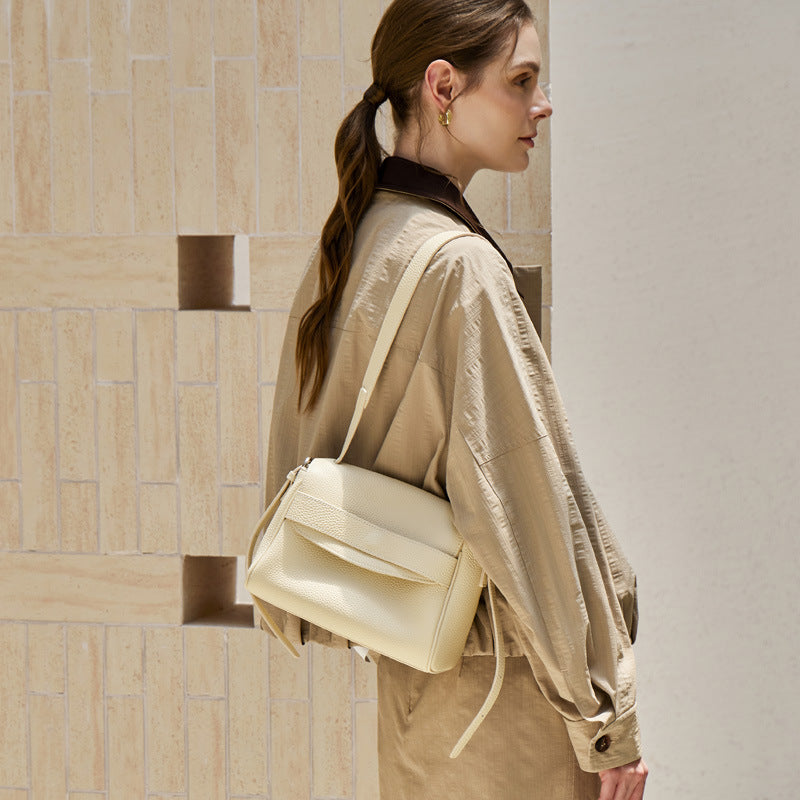 Women's Lychee-Grain Cowhide Flap Bag with Top Handle