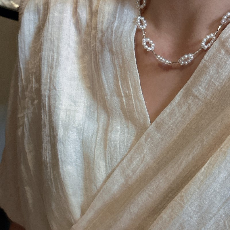S925 Sterling Silver Pearl Circles Necklace Woven Pearl Circular Pendant Elegant Jewelry