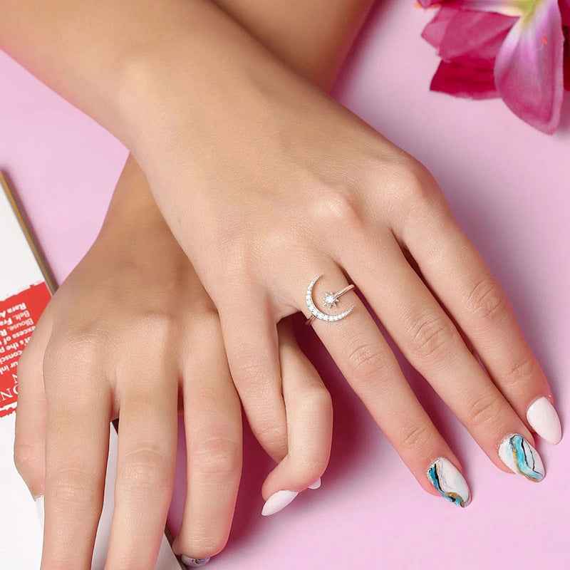 Starlit Embrace Moon Star Adjustable Ring 925 Sterling Silver
