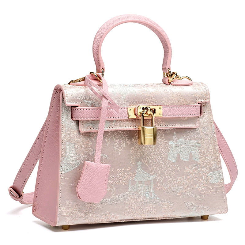 Women's Brocade Genuine Leather Kelly Bag with Padlock Charm