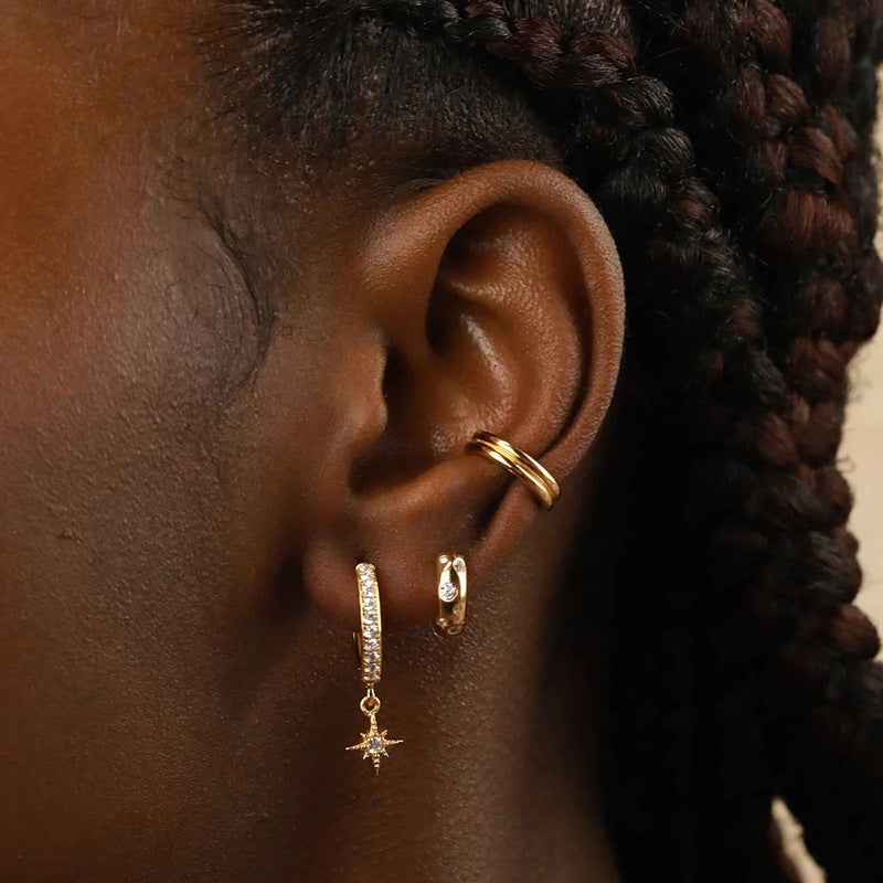 925 Sterling Silver Polar Star Pavé Zircon Hoop Drop Earrings Gold or White Gold