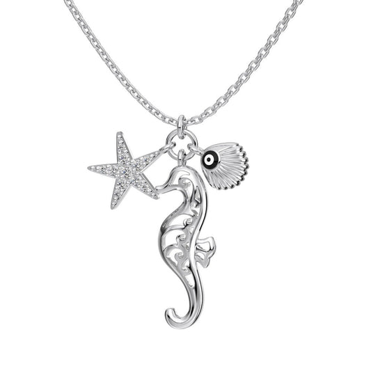 Ocean Talisman S925 Silver Starfish Seahorse Shell Charm Necklace