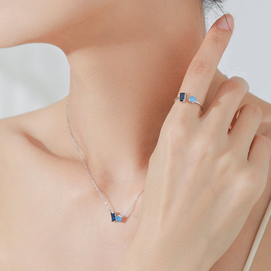 925 Sterling Silver Blue Square Shape and Round Stone Jewelry Set