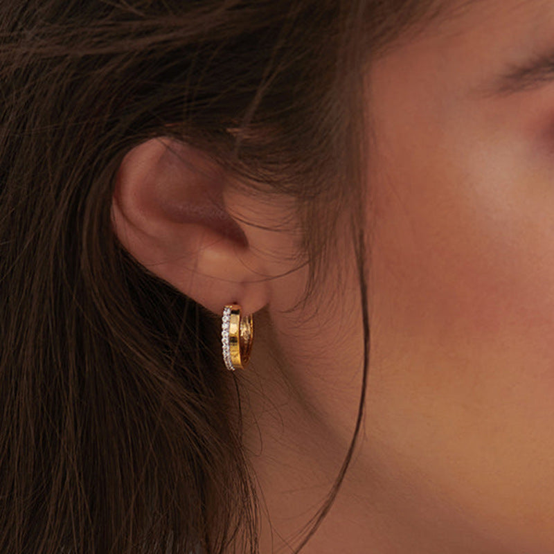 “Luna Arc” S925 Sterling Silver Pavé Geometric Huggie Hoop Earrings