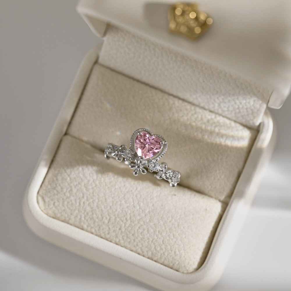925 Sterling Silver Pink Heart Floral Ring – Blossom Amour