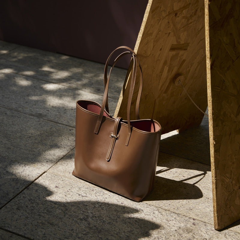Women's Cowhide Tote Bag Set with Convertible Inner Pouch