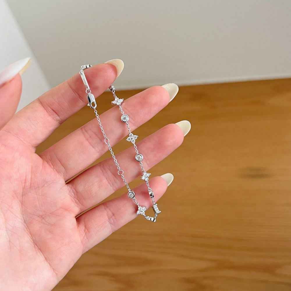 925 Sterling Silver Flutter Bloom Clover & Butterfly Moissanite Bracelet 18K White Gold