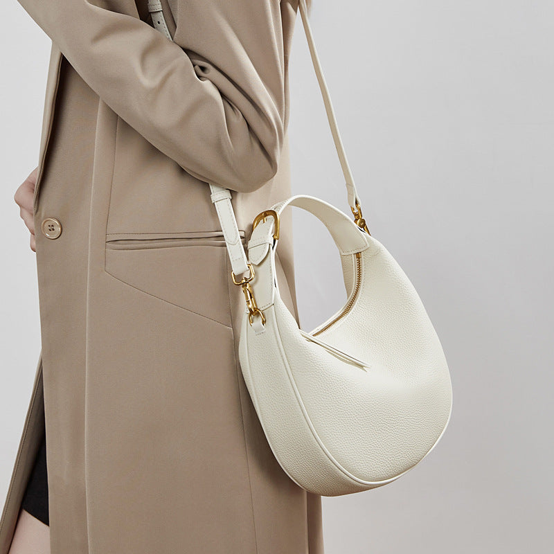 Women's Pebbled Cowhide Half-Moon Hobo Bag with Adjustable Strap