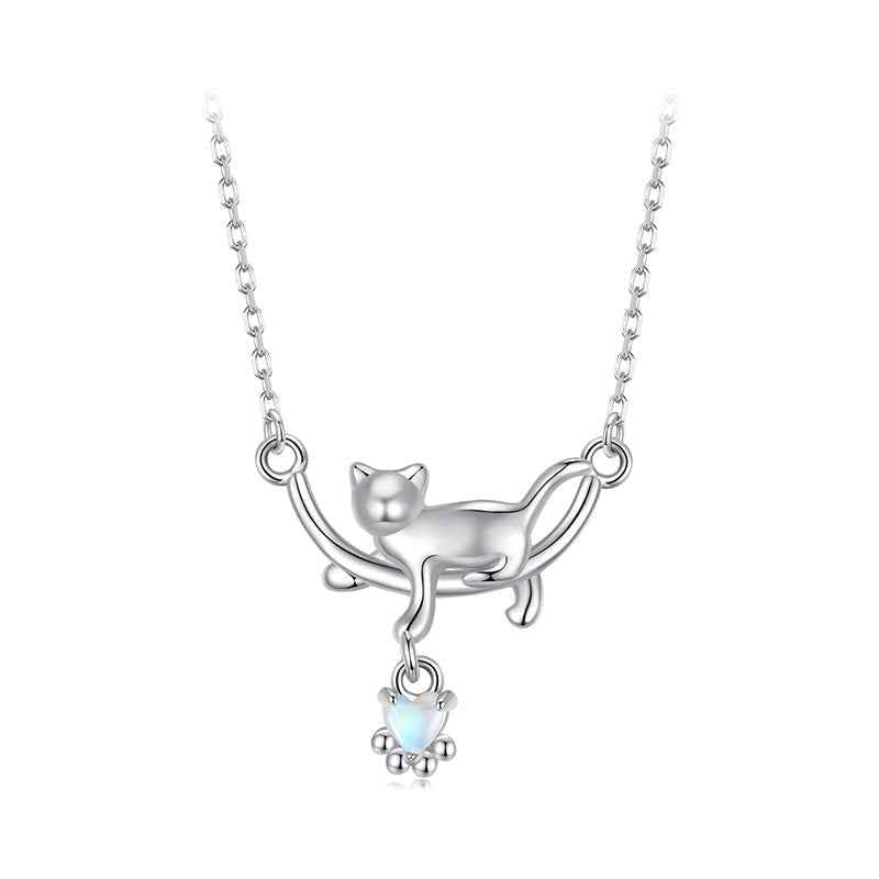 925 Sterling Silver Moonlight Cat Necklace Moonstone White Gold Plated Cat Pendant