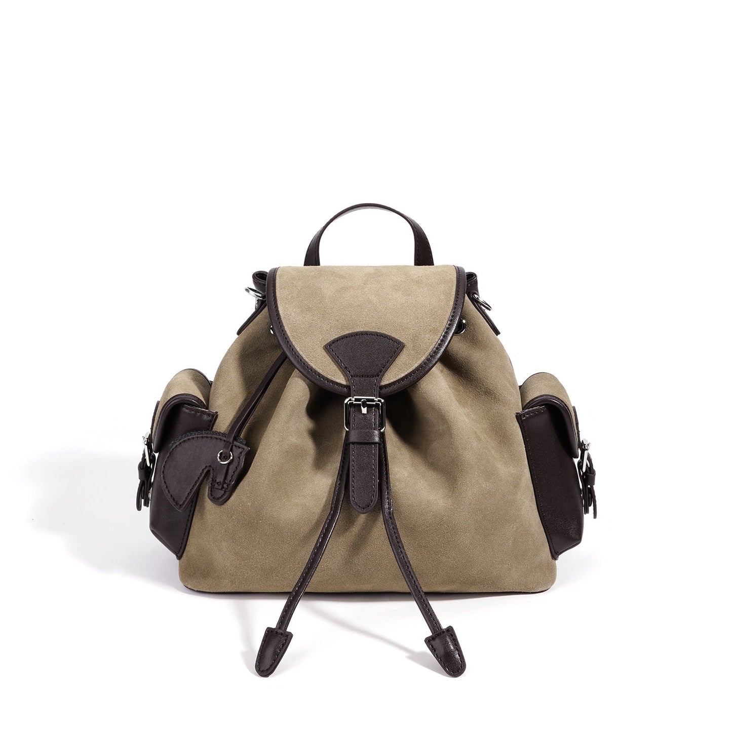 Women's Suede Leather Convertible Flap Backpack with Side Pockets