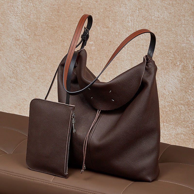 Women's Genuine Leather Slouch Tote Bag with Adjustable Strap & Detachable Pouch