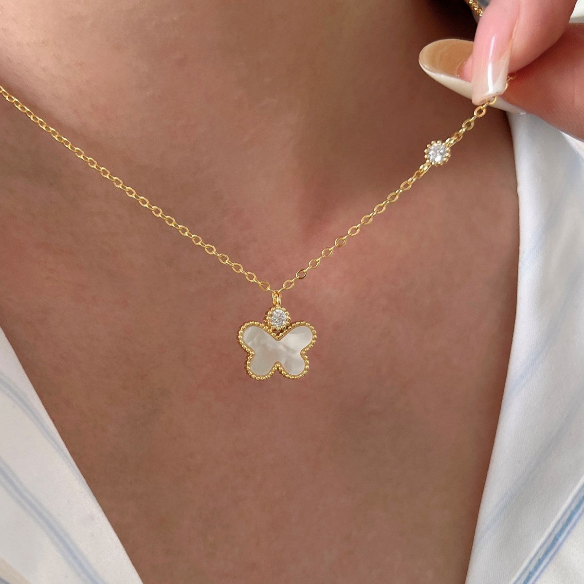 Butterfly Gleam Mother of Pearl Butterfly Pendant Necklace with Zircon Details, S925 Sterling Silver
