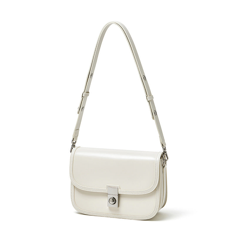 Women's Plain Cowhide Curved Satchel with Twist-Lock Closure