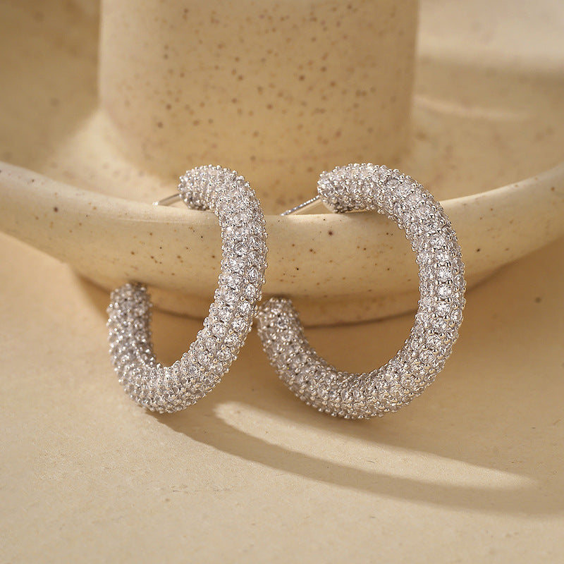 “Ciel Luxe” S925 Sterling Silver Zircon Pavé C-Hoop Earrings