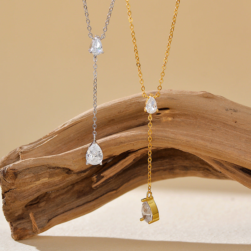 “Y-Line Eclat” S925 Sterling Silver Zircon Y-Shaped Tassel Necklace