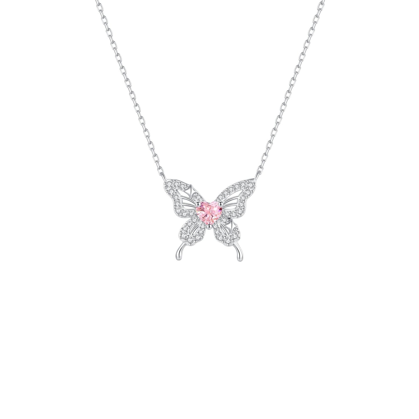 Pink Stardust Fairy 925 Sterling Silver Pink Zircon Butterfly Necklace