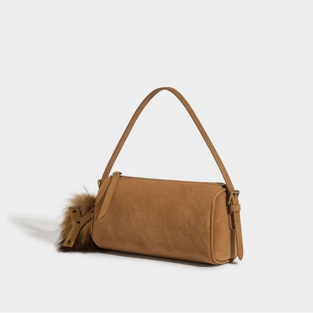 Women's Matte Cowhide Mini Cylinder Bag with Leather Charm