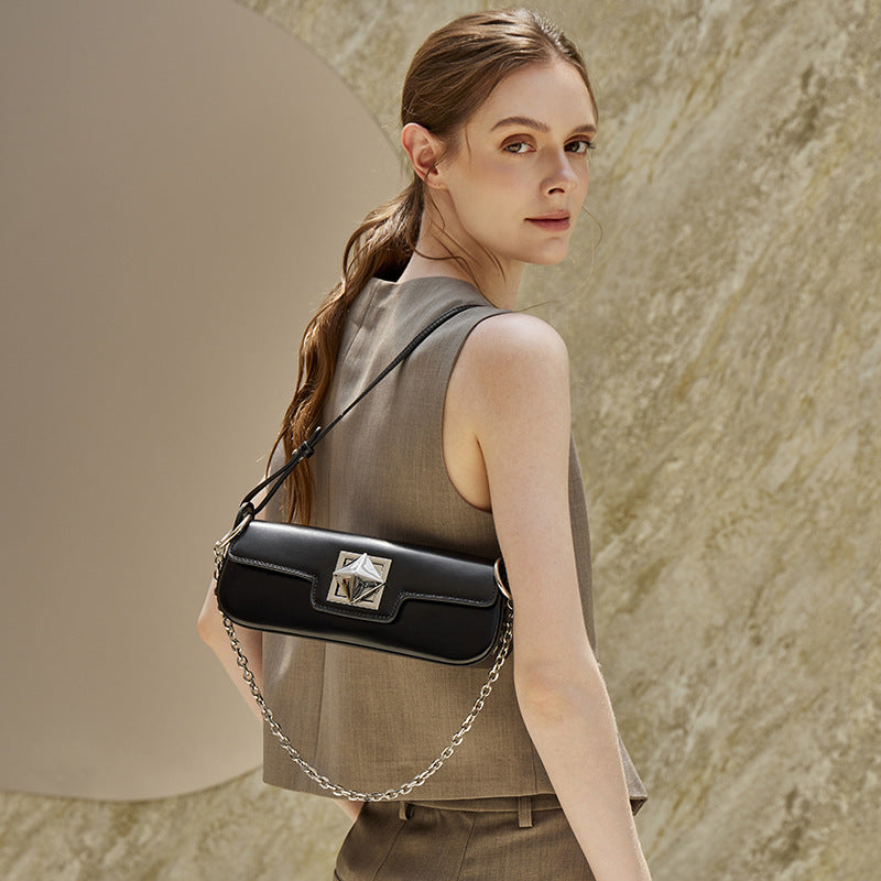 Women's Smooth Cowhide Silver-Buckle Baguette Shoulder Bag