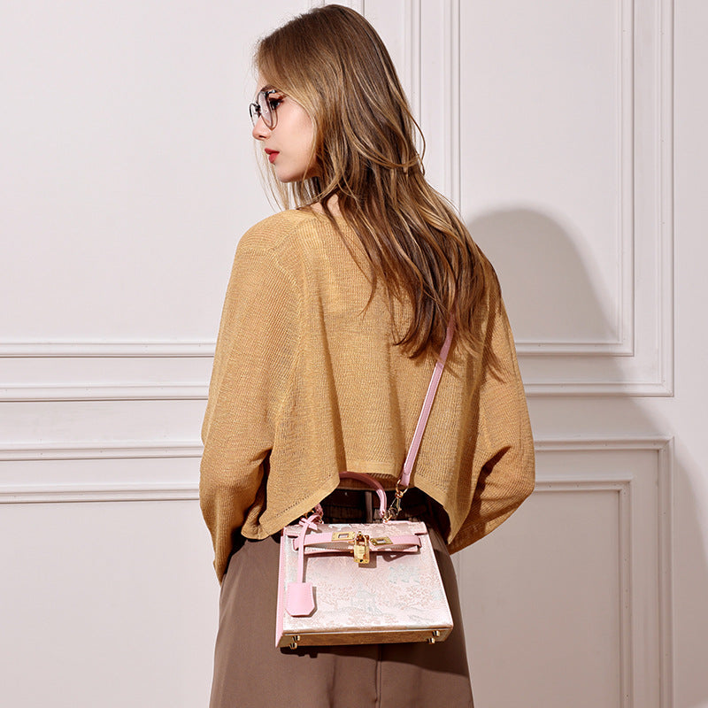 Women's Brocade Genuine Leather Kelly Bag with Padlock Charm