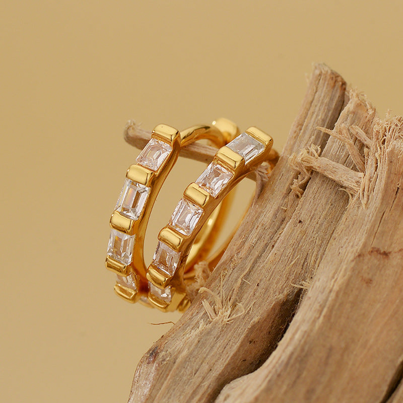 “Rectangular Radiance” S925 Sterling Silver Zircon Geometric Hoop Earrings