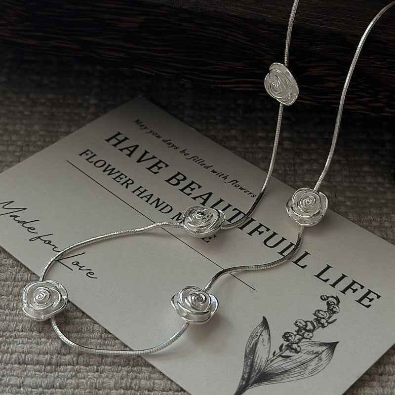 S925 Sterling Silver Rose Whispers Necklace Five Rose Floral Chain Adjustable